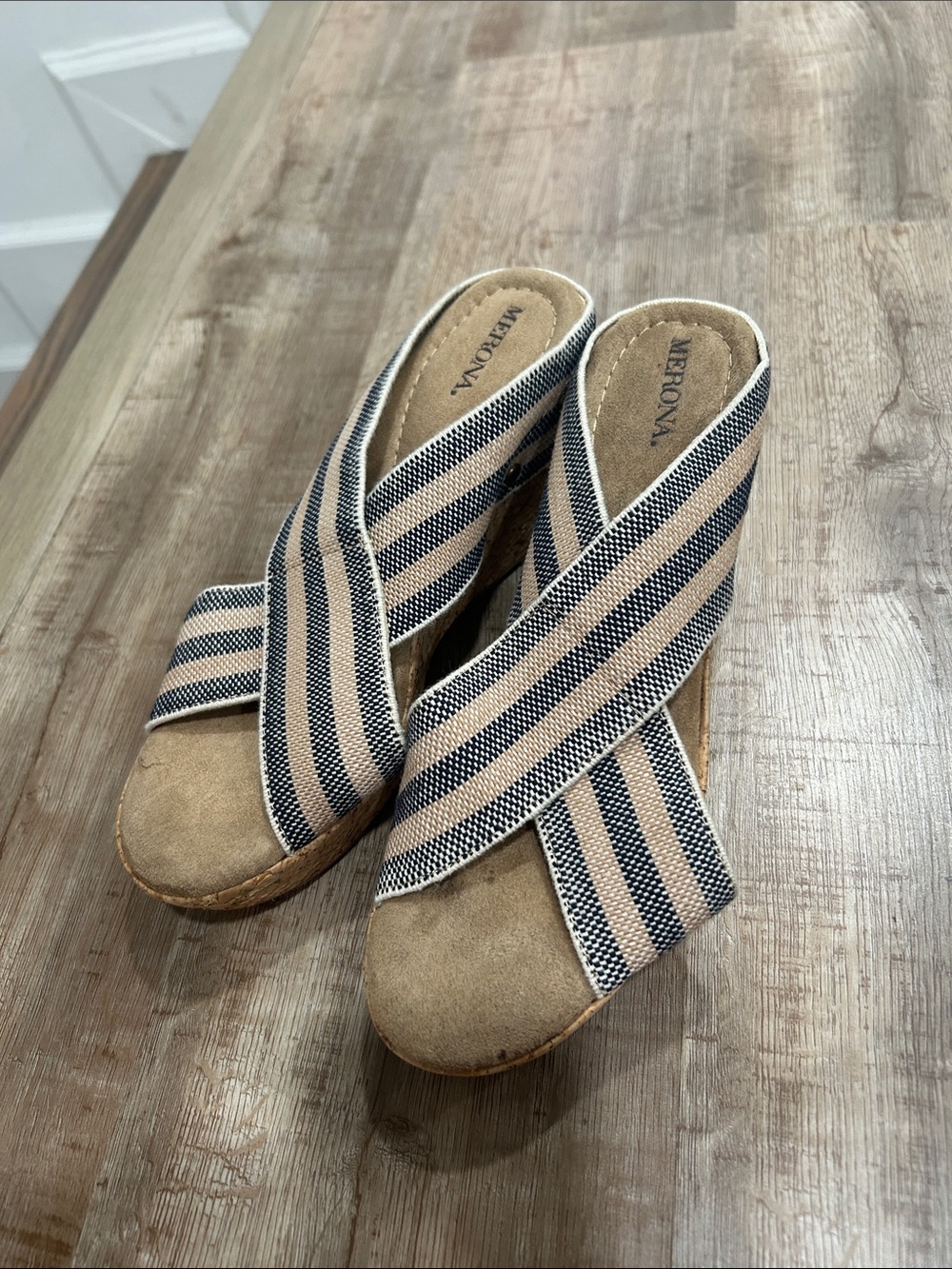 Merona Beige and Navy Striped Crisscross Wedge Sandals
